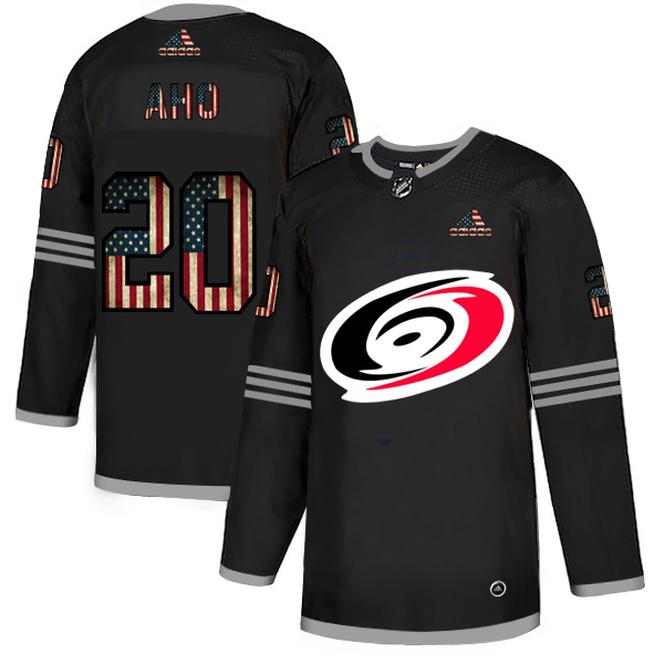 Carolina Hurricanes 20 Sebastian Aho Adidas Men Black USA Flag Limited NHL Jersey